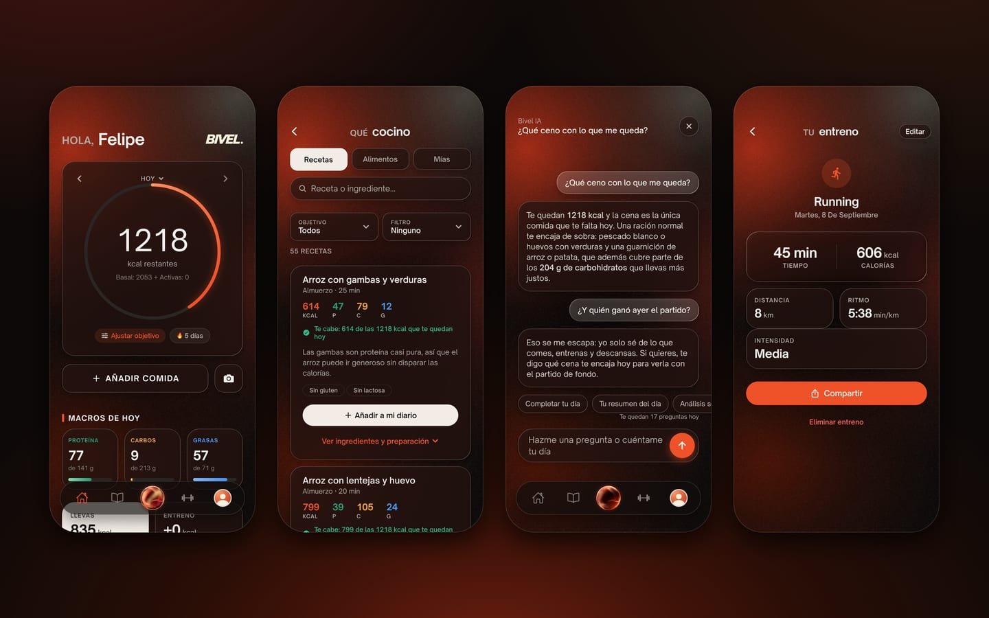Cuatro pantallas de la app de Bivel en tema oscuro: el inicio con el anillo de calorías restantes, las recetas, el coach respondiendo qué cenar y el detalle de un entreno de running