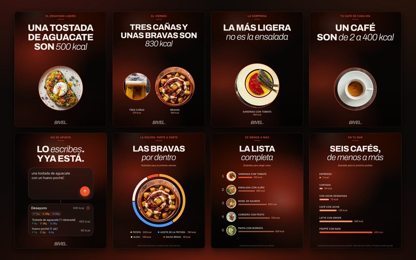 Ocho placas de los carruseles de lanzamiento: una tostada de aguacate, cañas y bravas, sardinas con tomate y un café con sus calorías, y debajo cómo se apunta y cómo se reparte cada uno