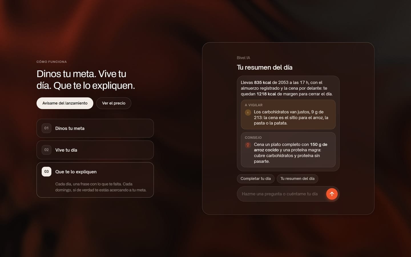 Sección «Cómo funciona» de bivelapp.com: los tres pasos a la izquierda y el resumen del día del coach a la derecha