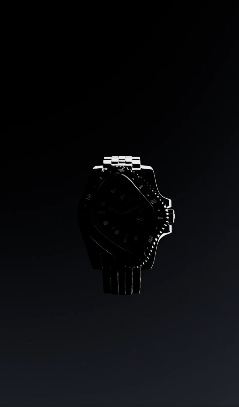 El reloj Omot Crash GMT completo, suspendido y casi en sombra