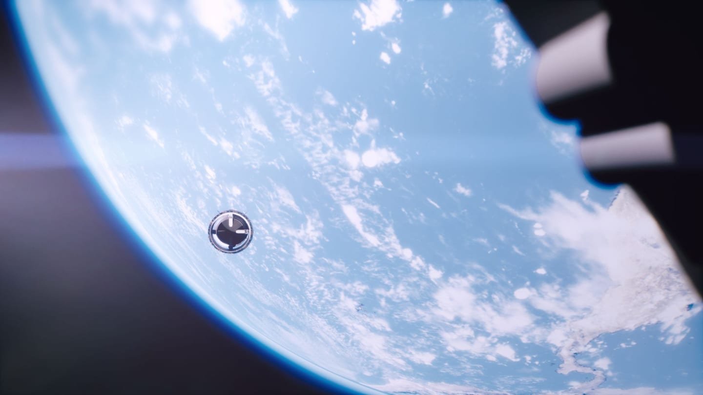 Cápsula orbital pequeña recortada contra la Tierra, con las toberas del vehículo en el borde superior