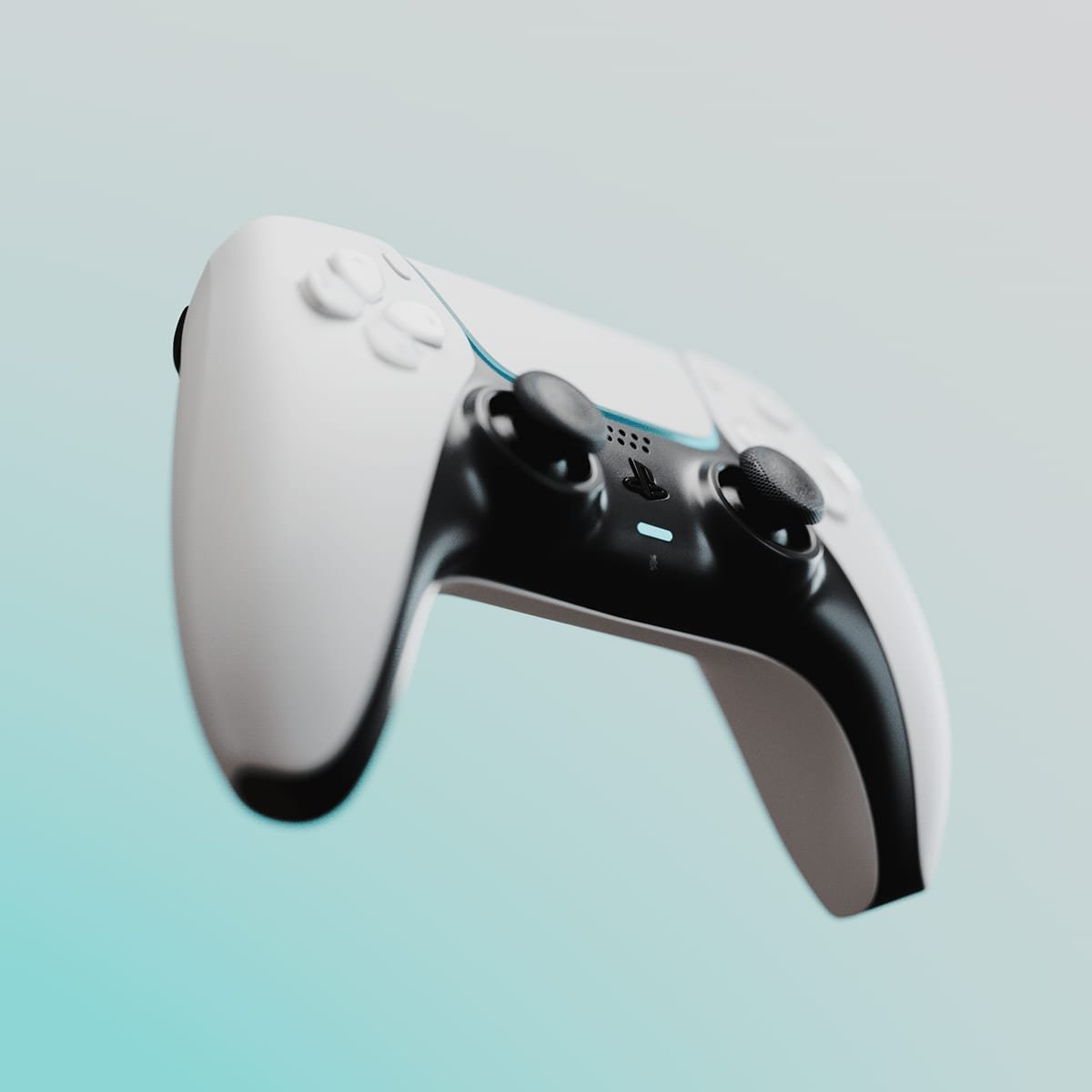 Joystick DualSense blanco en tres cuartos, sobre un degradado celeste a verde agua
