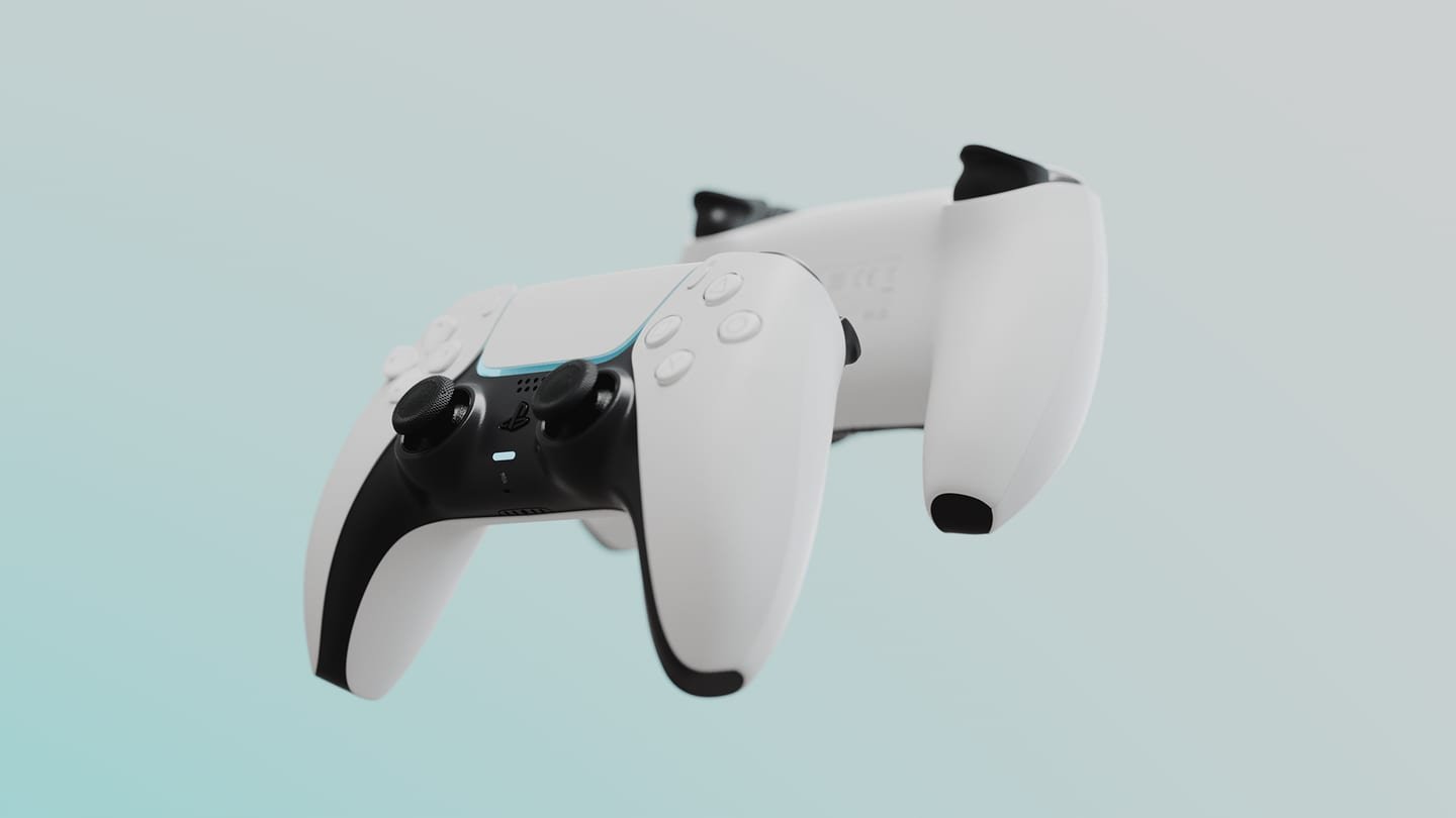 Joystick DualSense blanco suspendido sobre un fondo celeste plano