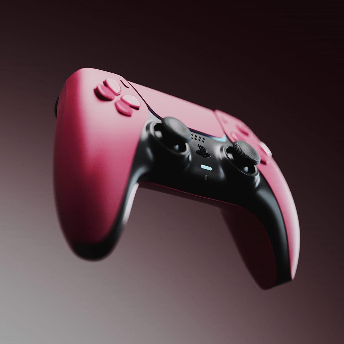 Joystick DualSense rosa en tres cuartos, recortado sobre un fondo oscuro