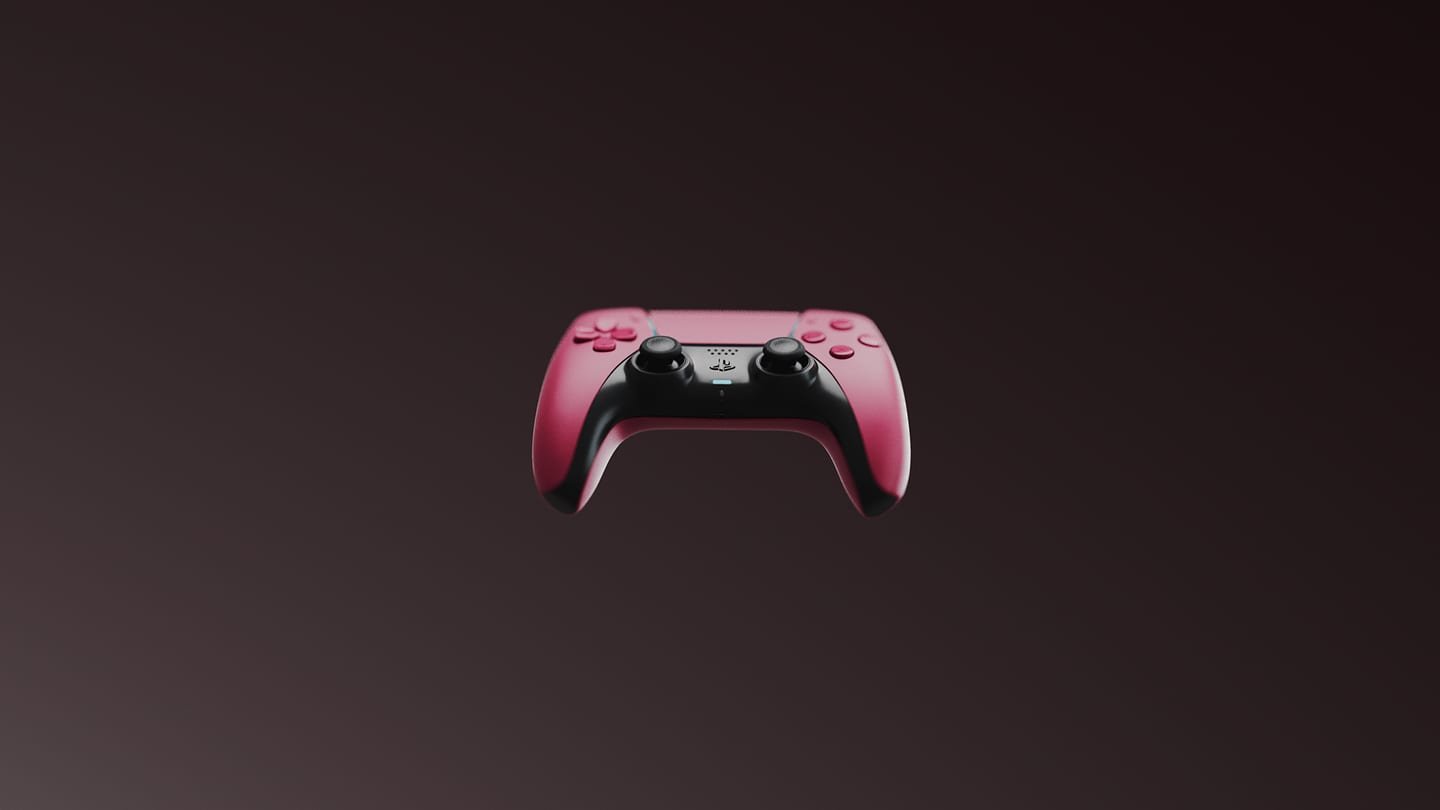 Joystick DualSense rosa suspendido y pequeño, centrado sobre un fondo bordó oscuro
